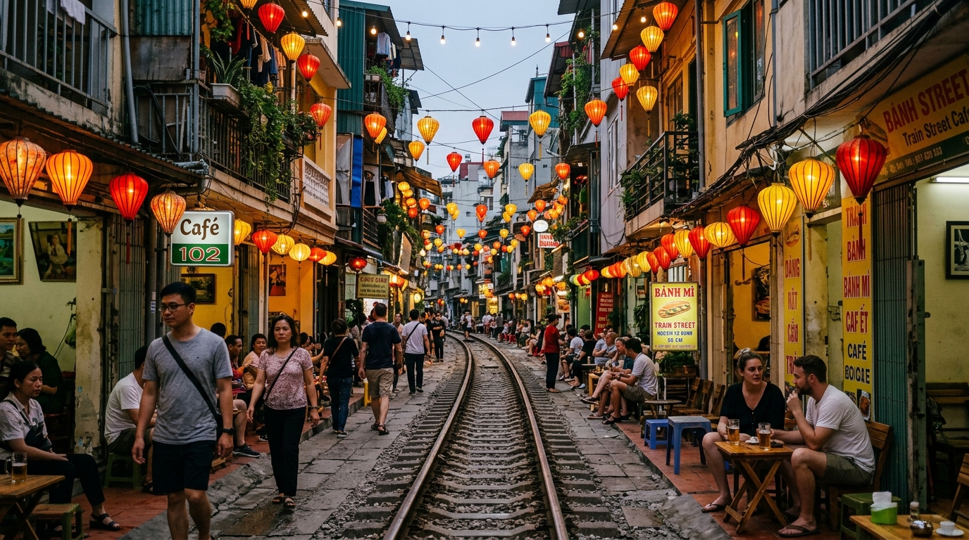 Cafés e linha ferroviária na Train Street de Hanói